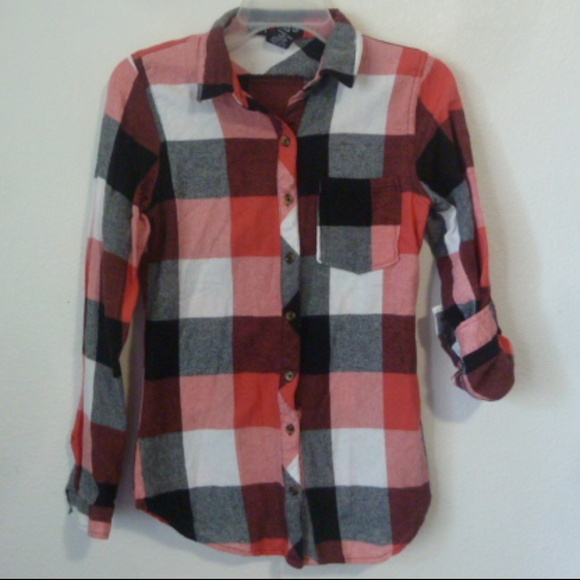 Polly & Esther Tops - Polly & Esther Flannel Button Up Shirt Tab Sleeves